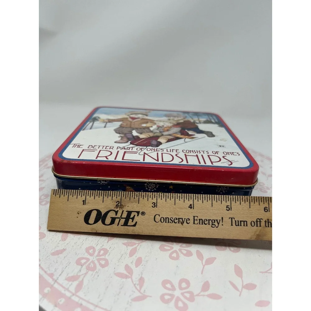 MARY ENGELBREIT Decorative‎ Tin Blue Red Friendship Sledding Winter Scene Box